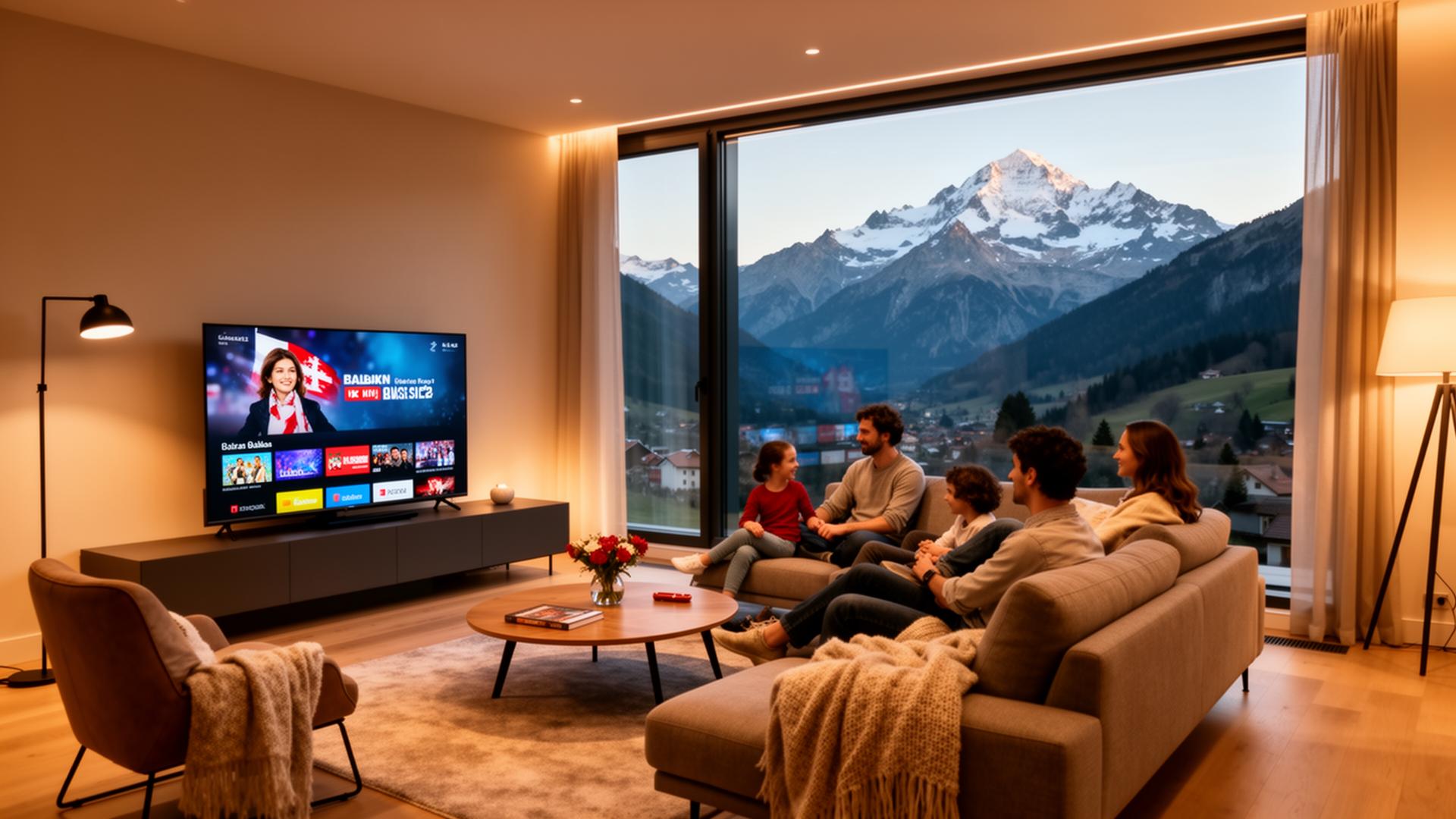 Familie in der Schweiz schaut Ex-Yu IPTV mit Alpenblick