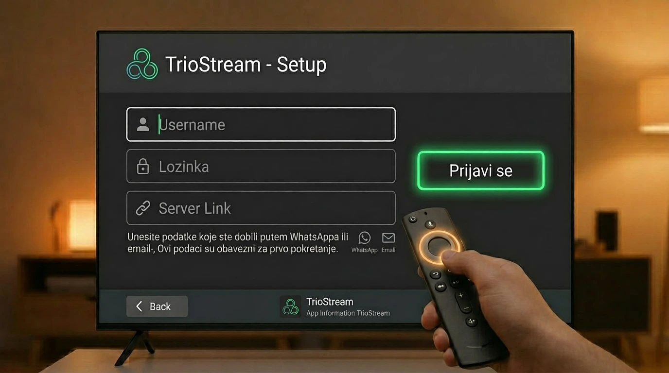 IPTV prijava — unos username, lozinke i server linka u EXYU IPTV aplikaciji na TV-u