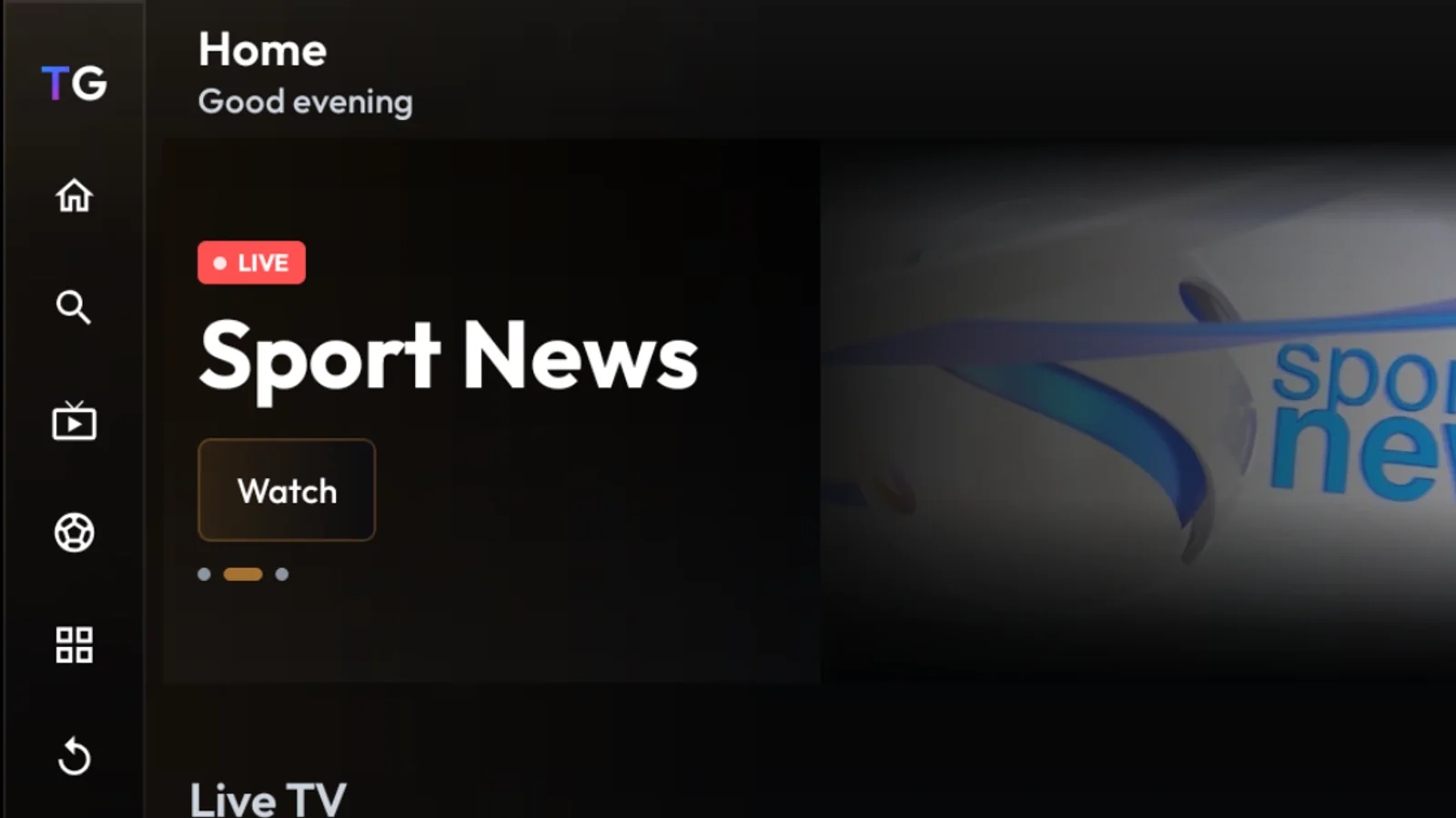 TiviGlass home screen with live TV recommendations
