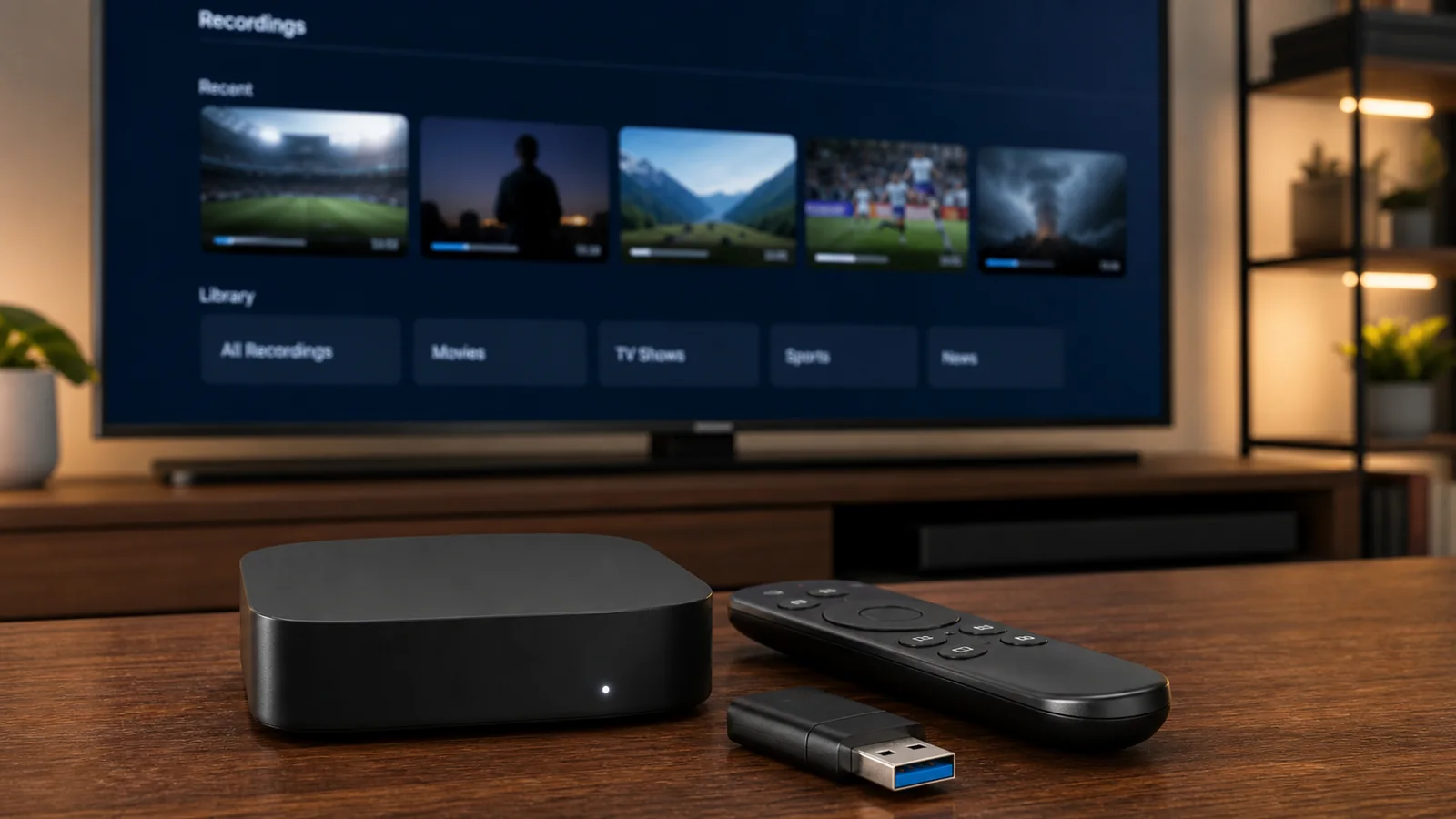 Android TV box, remote and USB storage representing a TiviGlass recording setup