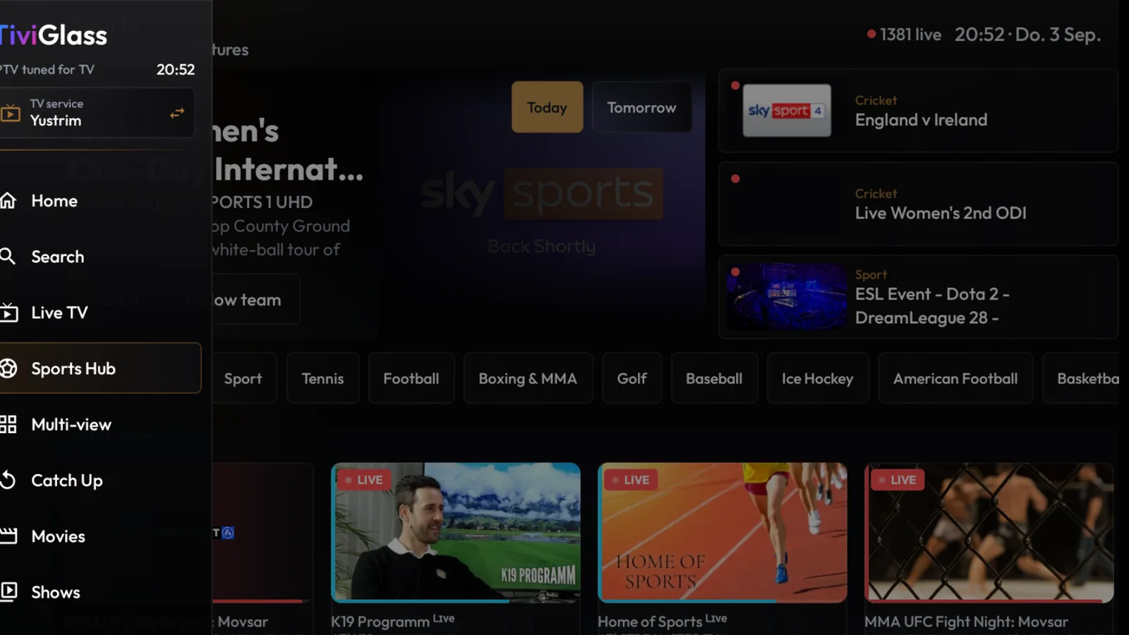 TiviGlass Sports Hub with sport filters and live programme cards